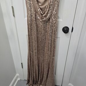 THEIA dress Size 6 Rose Gold Sequin Sleeveles Draped Open Back Gown and shoes